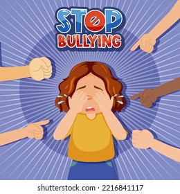 Stop Bullying text with kid surrounded by pointing fingers illustration