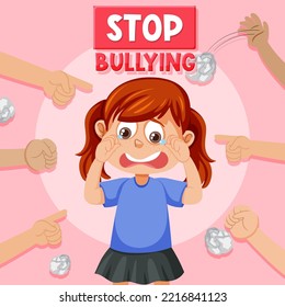 Stop Bullying text with kid surrounded by pointing fingers illustration