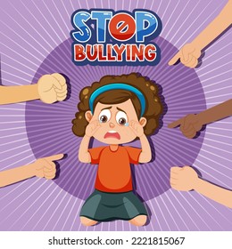 Stop Bullying text with kid surrounded by pointing fingers illustration