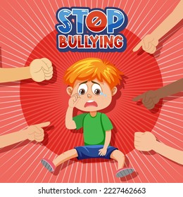 Stop Bullying text with kid surrounded by pointing fingers illustration