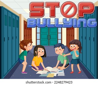 Stop bullying text with school kids illustration
