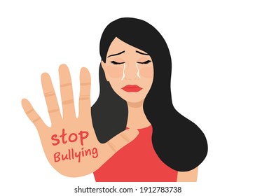 Stop bullying woman concept . Crying and depressed woman with stop bullying hand sign vector illustration. Cyber bullying Cyber bullying, negative criticism  concept