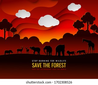Stop the burning of forests to preserve forests and wildlife, the concept of environmental conservation in the world of forests. Vector illustration and paper art with digital craft style.