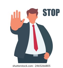 STOP! A businessman who holds his hand out in front of him, minimalist hand drawn flat vector design illustration on white background.