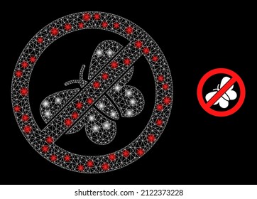 Stop butterfly icon and constellation mesh net stop butterfly model with illuminated light spots. Illuminated model done from stop butterfly vector icon and triangle mesh.