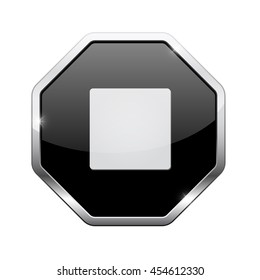 Stop button. Black octagon web icon with chrome frame. Vector illustration isolated on white background