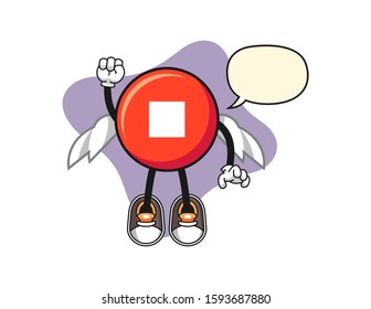 Stop button fly with speech bubble cartoon. Mascot Character vector.