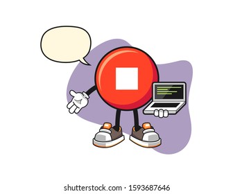 Stop button programmer with speech bubble cartoon. Mascot Character vector.