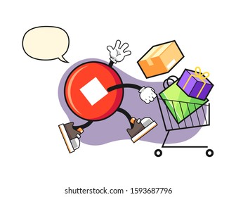 Stop button shopping with speech bubble cartoon. Mascot Character vector.