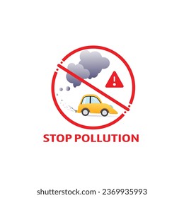 Detengan la contaminación del aire de los autos, Prohibido el gas del motor de autos. Icono de contaminación por emisiones no permitidas para la prohibición de los gases de escape.