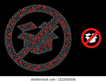 Parar el icono de caja de cartón y el modelo de caja de cartón de malla brillante con manchas brillantes. El modelo iluminado se realiza utilizando el icono del vector de la caja de cartón parada y la malla triangulada. Caja de cartón de tope de marco iluminada,