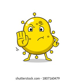 Stop cartoon of Covid-19. Funny vector design of Coronavirus character