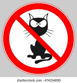 Stop cat. Vector sign No cats. Ban pet. Black cat silhouette. Sign ban slashed red circle