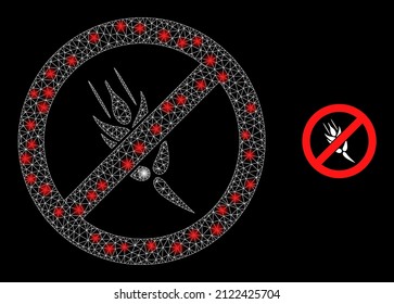 Stopp Müslisymbol und leuchtendes Mesh Stopp Müsli Modell mit glänzenden Lichtpunkten. Beleuchtetes Modell wird aus Stopp Müsli-Vektorsymbol und Polygonnetz erzeugt. Flare Frame Stopp Müsli,