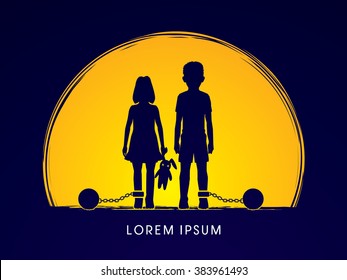 Stop Child abuse ,Children with chain and ball designed on moonlight background graphic vector.