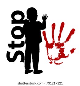 stop child abuse. the child is silhouetted and the bloody hand. illustration for your design
