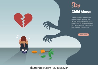 Stop child abuse, violence in family and school concept. Broken heart teenager boy sitting and crying loneliness with broken tree pot and abused devil hands