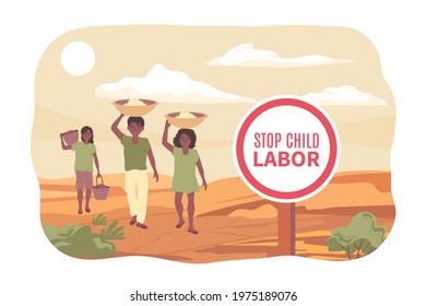 Stop child labor flat poster with three sad children carrying bowls on their heads vector illustration svg