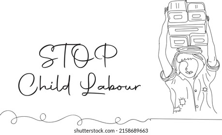 Stop Child Labour sketch, Stop Child labour illustration, Outline sketch drawing of Poor little girl carrying bricks on her head