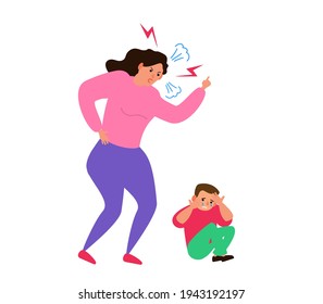 stop children violence .abused crying boy sitting and mother shout on her son vector illustration