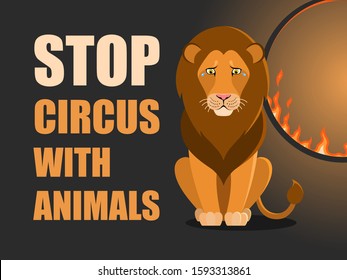 Stop circus with animals. Poster against abuse animals in circuses. Banner with text and lion near flaming hoop on black background. Problem of exploitation of wild animals in circuses.