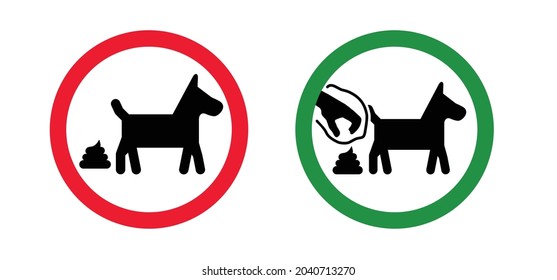 Stop, clean up after your dog, poop or shit. Cartoon no pet, dog area icon. Flat vector no dogs pictogram. Puppy print logo. Black silhouette of a dog. Pet zone sign. No Animals Allowed