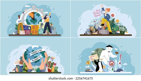Stop climate change banners set for nature promotion to save planet. Justice for earth. Ecology volunteer cartoon character urge to protect environment, toxic emission problem, environmental damage