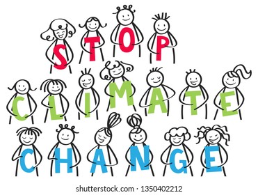 STOP CLIMATE CHANGE stick people in a row holding colorful letters against climate change horizontal banner
