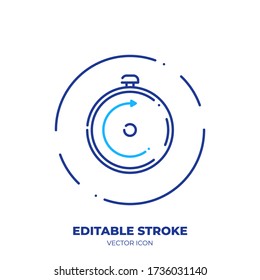 Stop clock line art vector icon with editable stroke. Outline symbol of time chronometer. Stopwatch pictogram made of thin stroke. Isolated on background.