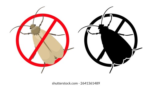 Stop clothes moth sign with insect silhouette and color image