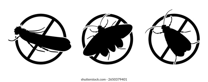 Stop clothes moths eating your clothes, three black and white warning signs with insects and forbidden symbol are representing a concept of pest control