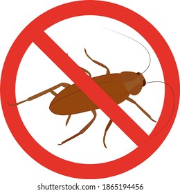 Stop cockroach cartoon icon with red circle. No insects symbol. Vector anti bugs sign illustration Isolated on white.