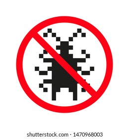 Stop computer virus sign.  Vector pixel bug icon. Black bug icon isolated on white background.