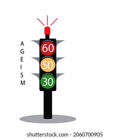 Detener el concepto de envejecimiento. Luz de tránsito con números de diferentes edades. Ilustración vectorial con una copia del espacio.