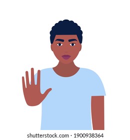 Stop concept. Young man showing stop sign. Vector illustration in a flat style