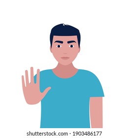 Stop concept. Young man showing stop sign. Vector illustration in a flat style