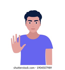 Stop concept. Young man showing stop sign. Vector illustration in a flat style