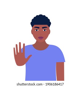 Stop concept. Young man showing stop sign. Vector illustration in a flat style