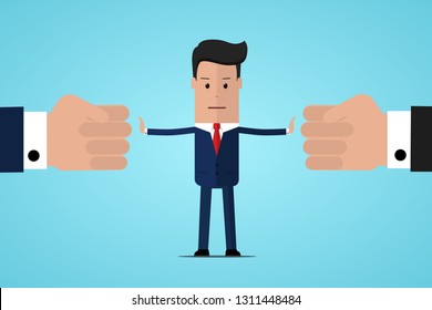Stop conflict. Businessman referee finds compromise. Mediator solving competition. Conflict and solution. The man throws two fists. Man stop conflict or stop fighting. Vector illustration