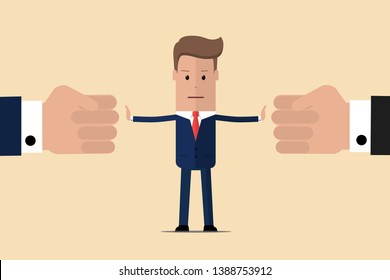 Stop conflict. Businessman referee finds compromise. Mediator solving competition. Conflict and solution. The man throws two fists. Man stop conflict or stop fighting. Vector illustration