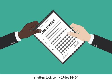 Stop conflict. Businessman referee finds compromise. Conflict and solution. Vector illustration flat design. Isolated on white background.