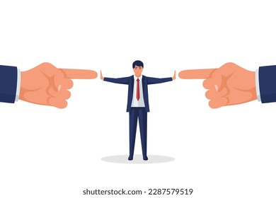 Stop conflict. Businessman referee finds compromise. Mediator solving competition. Conflict and solution. The man throws two finger. Vector illustration flat design. Isolated on white background.