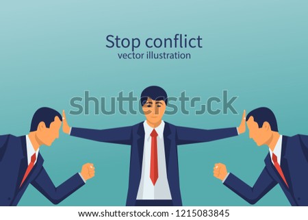 Stop conflict. Businessman referee finds compromise. Mediator solving competition. Conflict and solution. The man throws two fists. Vector illustration flat design. Isolated on white background.