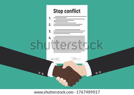 Stop conflict. Businessman referee finds compromise. Conflict and solution. Vector illustration flat design. Isolated on white background. Online conclusion of the transaction.