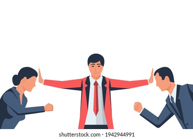 Stop conflict. Man and woman versus. Businessman referee finds compromise. Mediator solving competition. Conflict and solution. Vector illustration flat design. Isolated on white background.