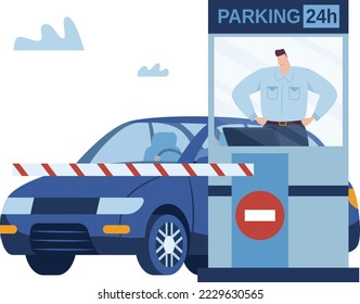 Stop control parking, gate transport security, road city, isolated on white, access entrance, cartoon style vector illustration.