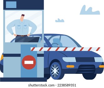 Stop control parking, gate transport security, road city, isolated on white, access entrance, cartoon style vector illustration.