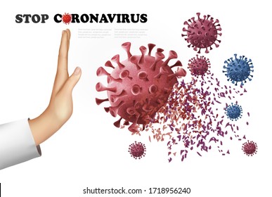 Stop Coranavirus concept background. Hand destroying virus COVID - 19. Vector illustration