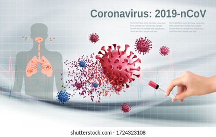 Stop Coranavirus concept. Hand holding syringe with vaccine destroying virus COVID - 19 molecules. Vector illustration