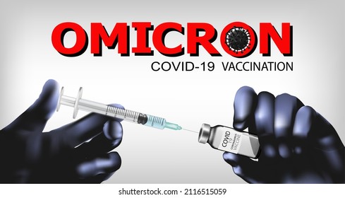 Stop Coranavirus concept Omicron Covid-19 vaccine background. Hands holding bottle with vaccine destroying virus COVID - 19 and syringe. Vector
